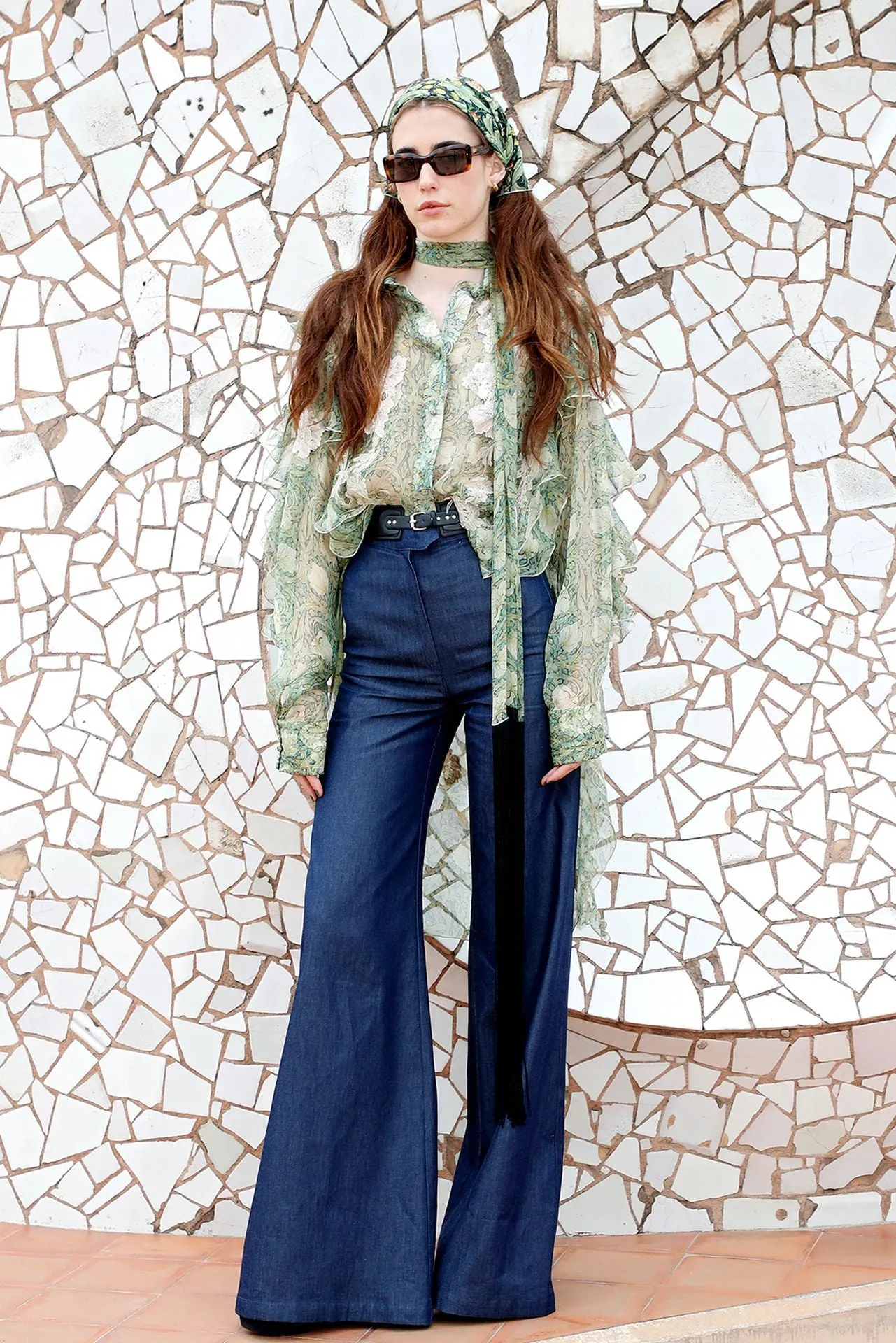 Ruffled Shirt with Flared Jeans