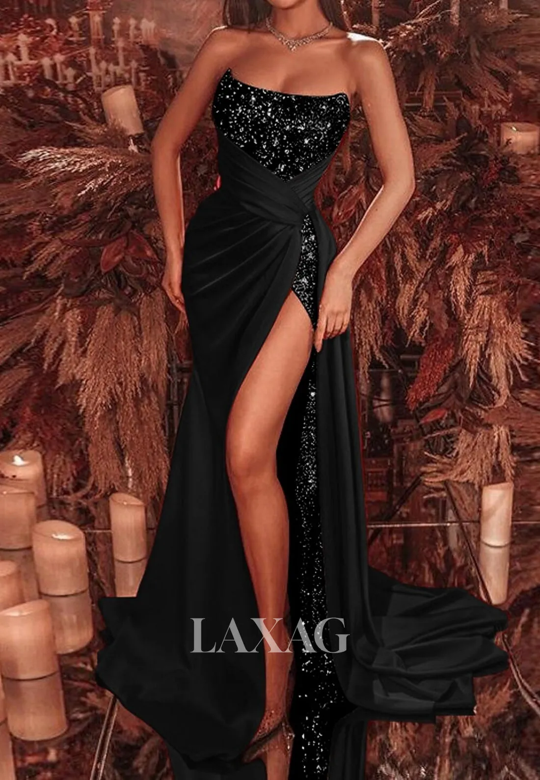 Scoop-Neck Sequined Beaded Pleated High Slit Evening Gowns Off-Shoulder Sleeveless Mermaid Prom Dress