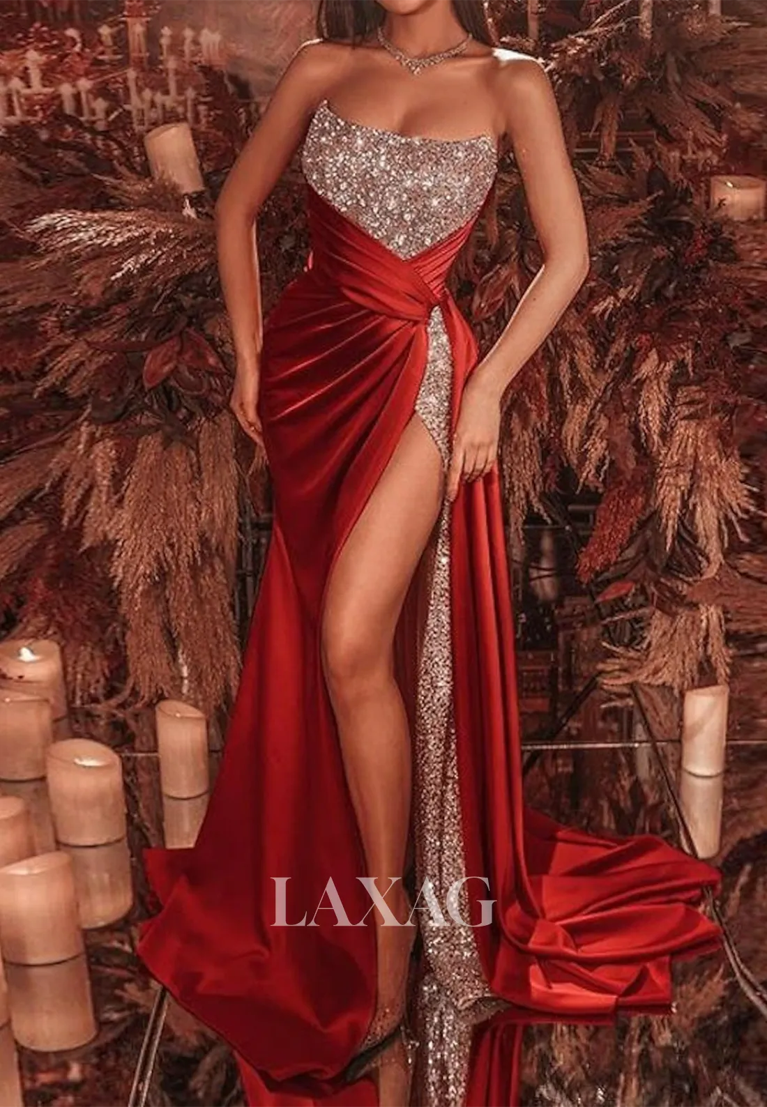Scoop-Neck Sequined Beaded Pleated High Slit Evening Gowns Off-Shoulder Sleeveless Mermaid Prom Dress