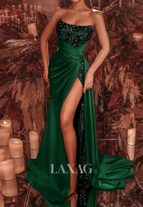 Scoop-Neck Sequined Beaded Pleated High Slit Evening Gowns Off-Shoulder Sleeveless Mermaid Prom Dress