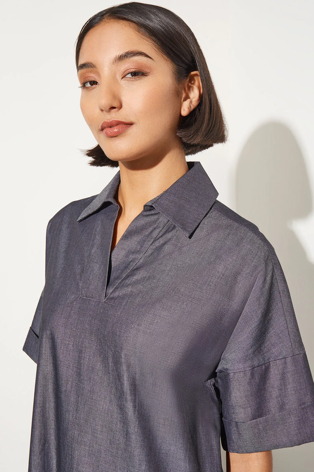 Side Pocket A-Line Chambray Shirt Dress, Dark Denim