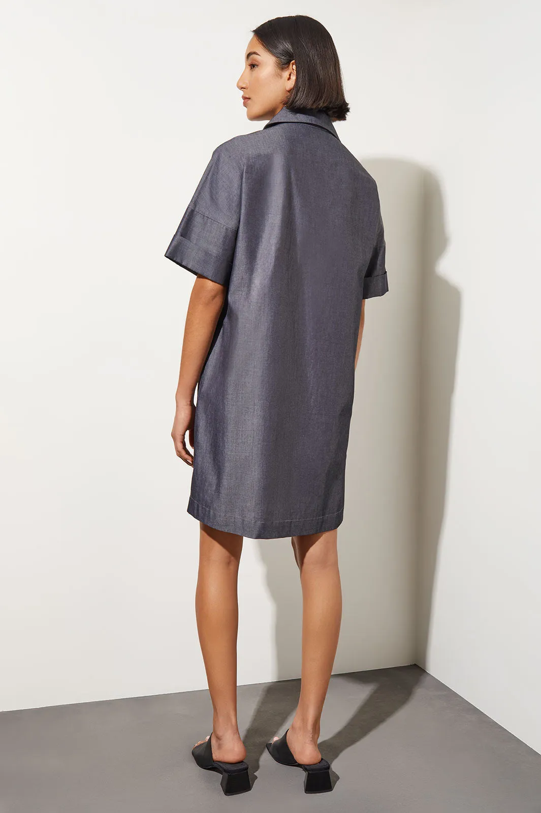 Side Pocket A-Line Chambray Shirt Dress, Dark Denim
