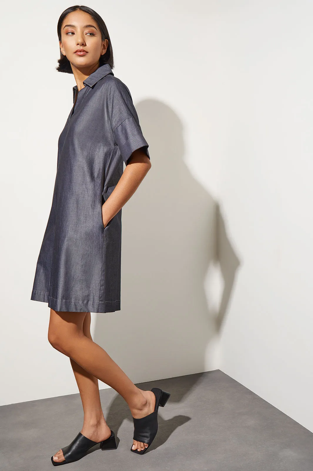 Side Pocket A-Line Chambray Shirt Dress, Dark Denim