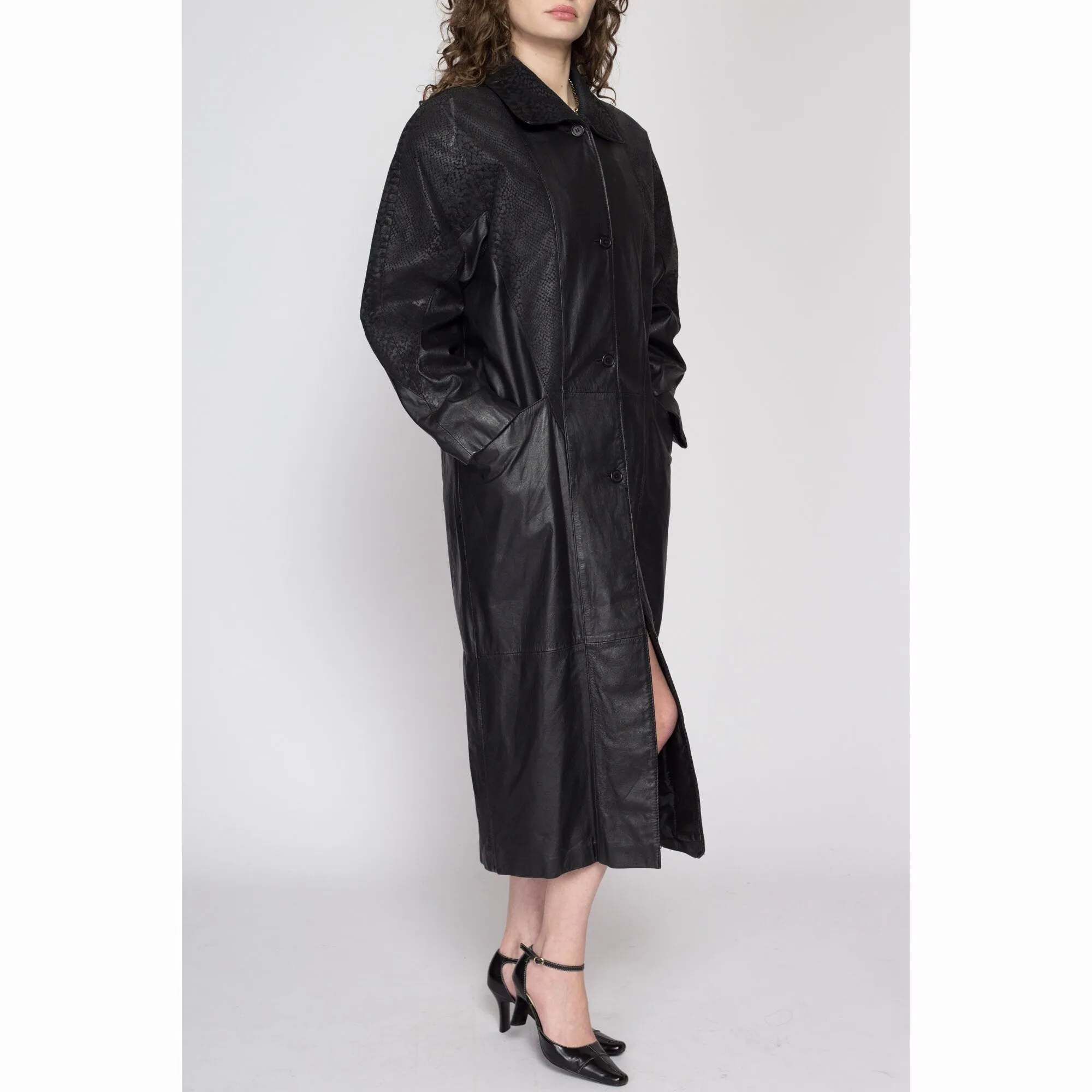 Small 80s Oversize Black Embossed Leather Trench Coat