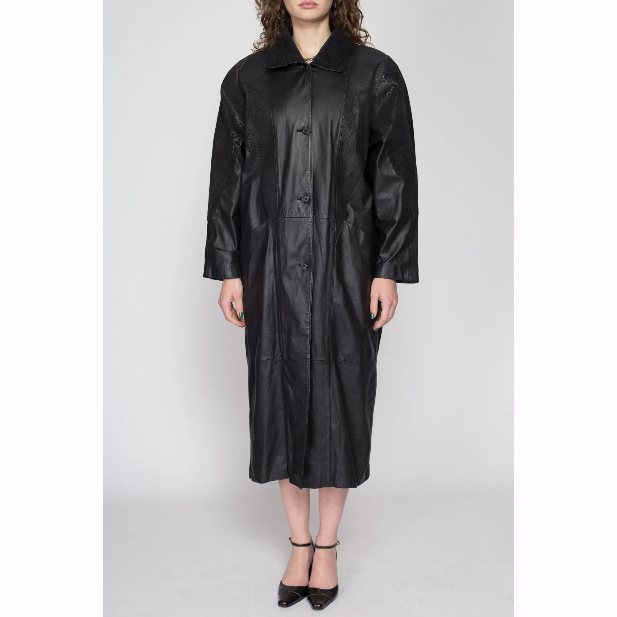 Small 80s Oversize Black Embossed Leather Trench Coat