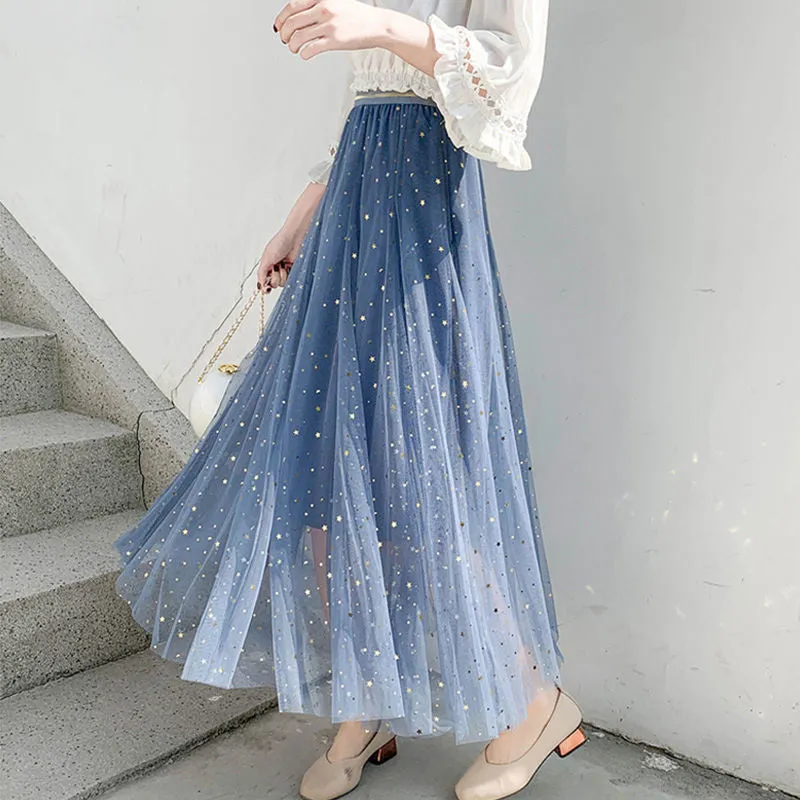 Star sequined mesh skirt summer new female ins super fire long a-line skirt net red fairy skirt Female summer