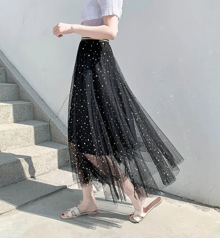 Star sequined mesh skirt summer new female ins super fire long a-line skirt net red fairy skirt Female summer