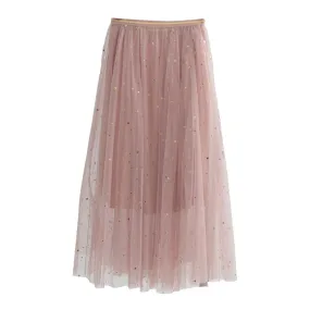 Star sequined mesh skirt summer new female ins super fire long a-line skirt net red fairy skirt Female summer