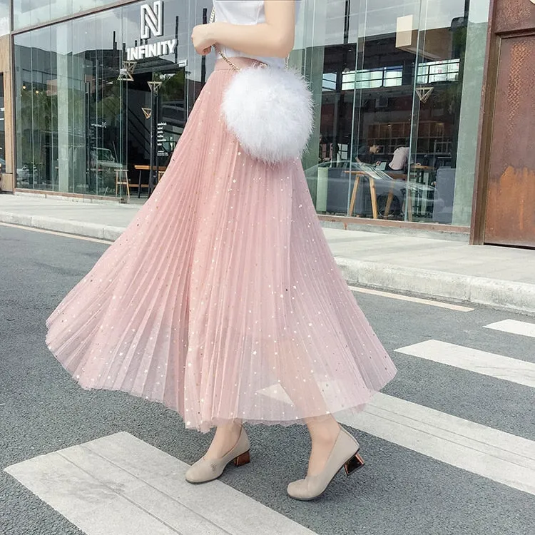 Star sequined mesh skirt summer new female ins super fire long a-line skirt net red fairy skirt Female summer
