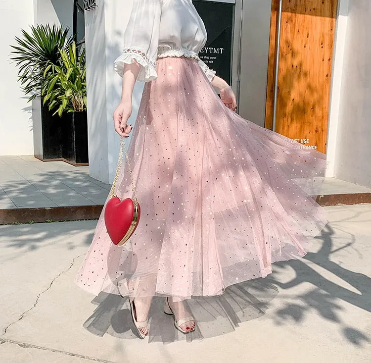 Star sequined mesh skirt summer new female ins super fire long a-line skirt net red fairy skirt Female summer