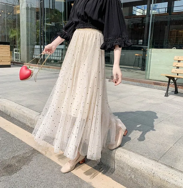 Star sequined mesh skirt summer new female ins super fire long a-line skirt net red fairy skirt Female summer