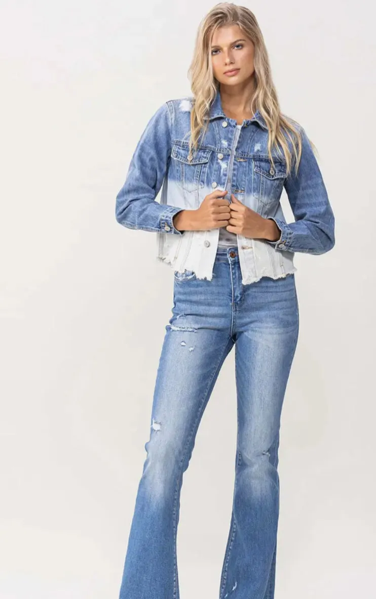 Stretch Crop Bottom Bleach Denim Jacket