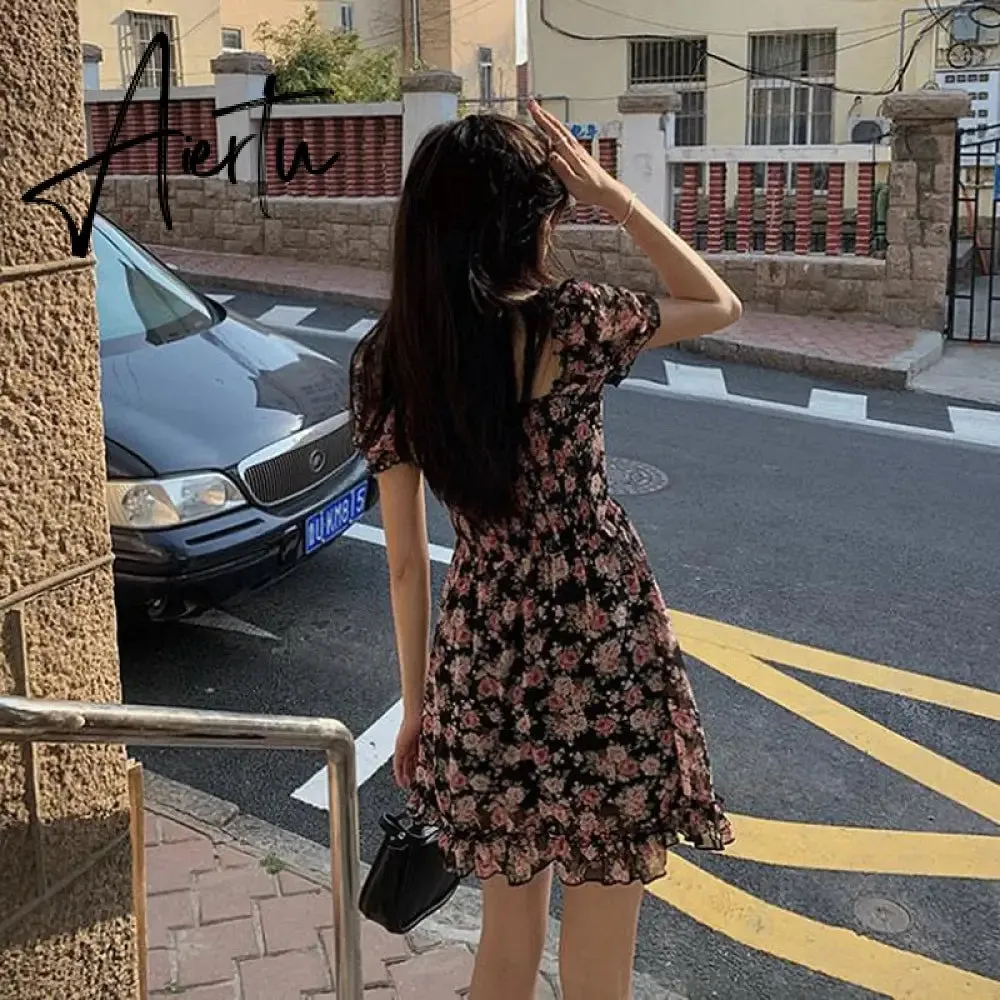 Summer Floral Dress Mini Women  Puff Sleeve Dress Vintage Rose French Square Collar Chiffon A-line Short Sleeve Femme Clothes