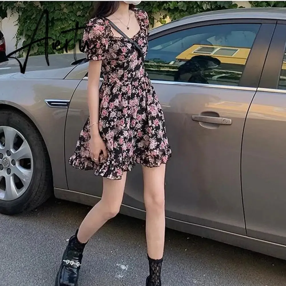 Summer Floral Dress Mini Women  Puff Sleeve Dress Vintage Rose French Square Collar Chiffon A-line Short Sleeve Femme Clothes