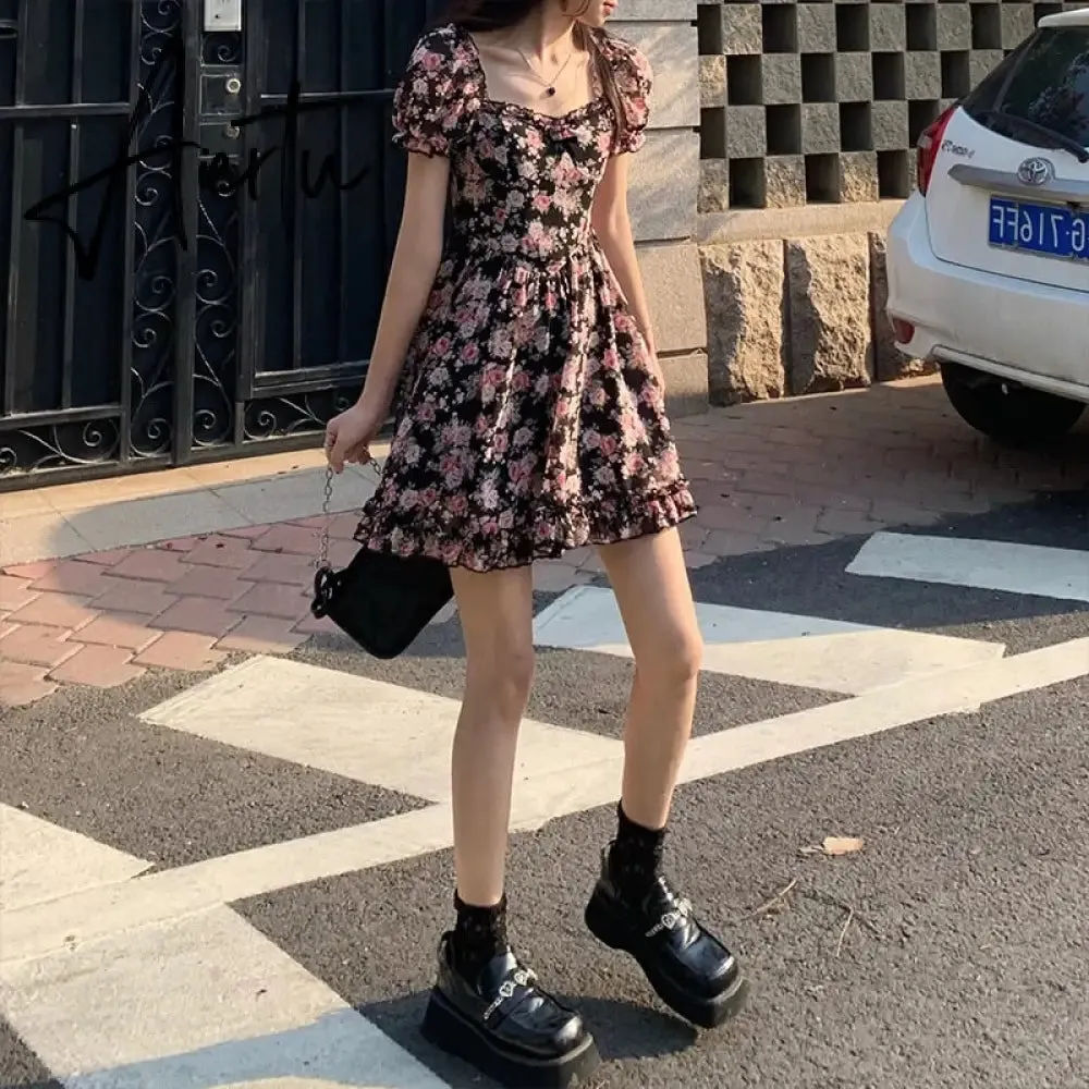 Summer Floral Dress Mini Women  Puff Sleeve Dress Vintage Rose French Square Collar Chiffon A-line Short Sleeve Femme Clothes