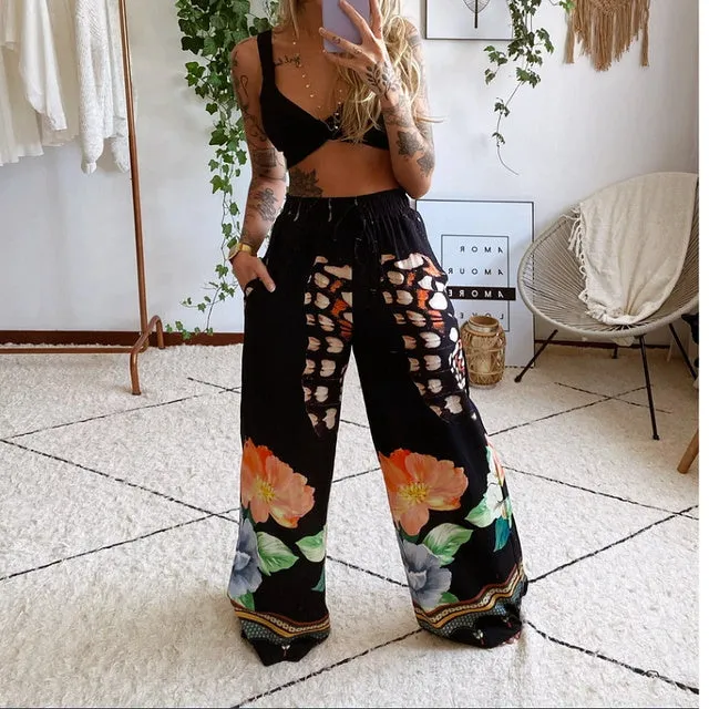 Summer Women Fashion 2 Pieces Set Tracksuit Boho Print Sexy Sleeveless Crop Top Loose Wide Leg Pants Suits Female Clothing