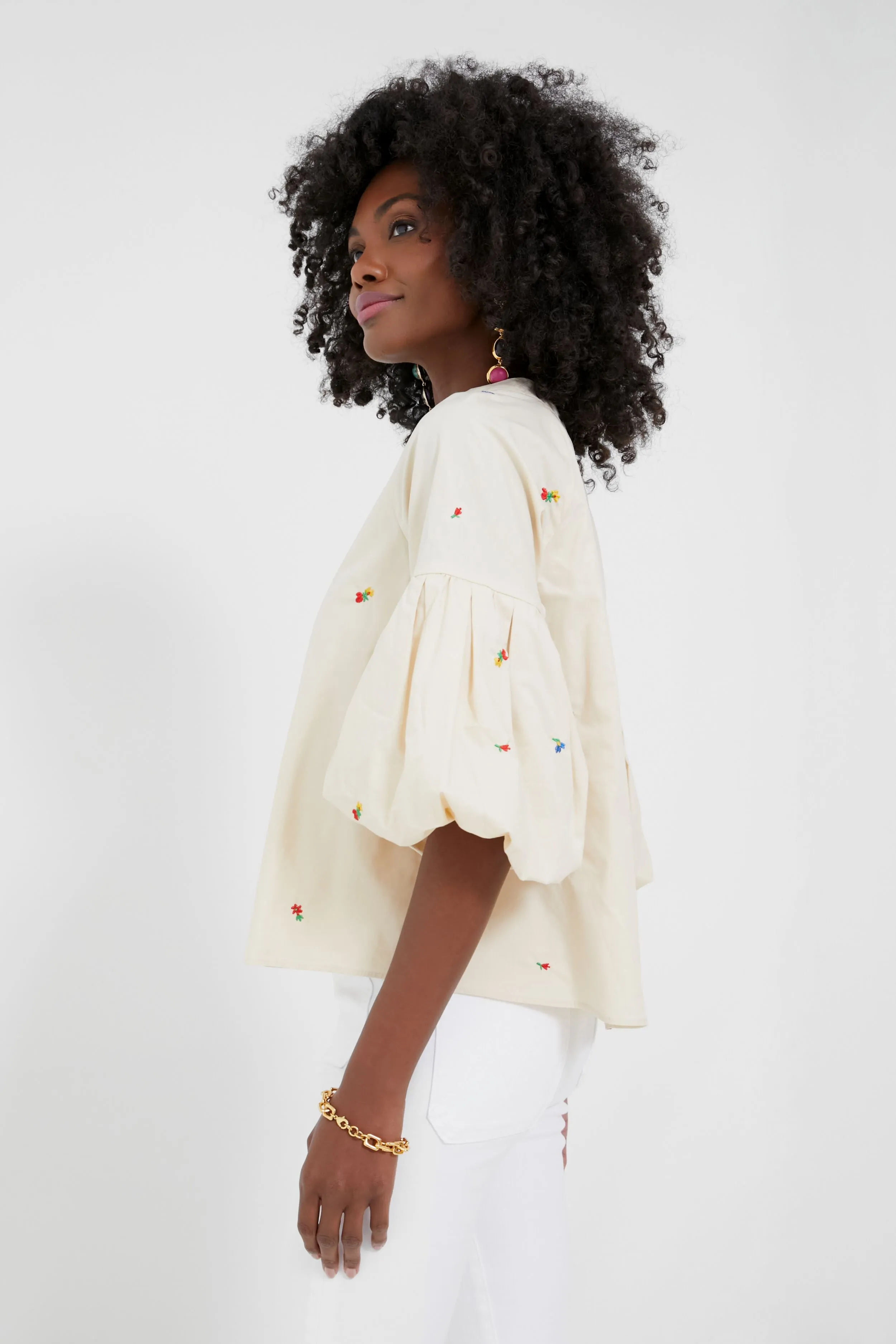 Tan Embroidered Blooms Blouse