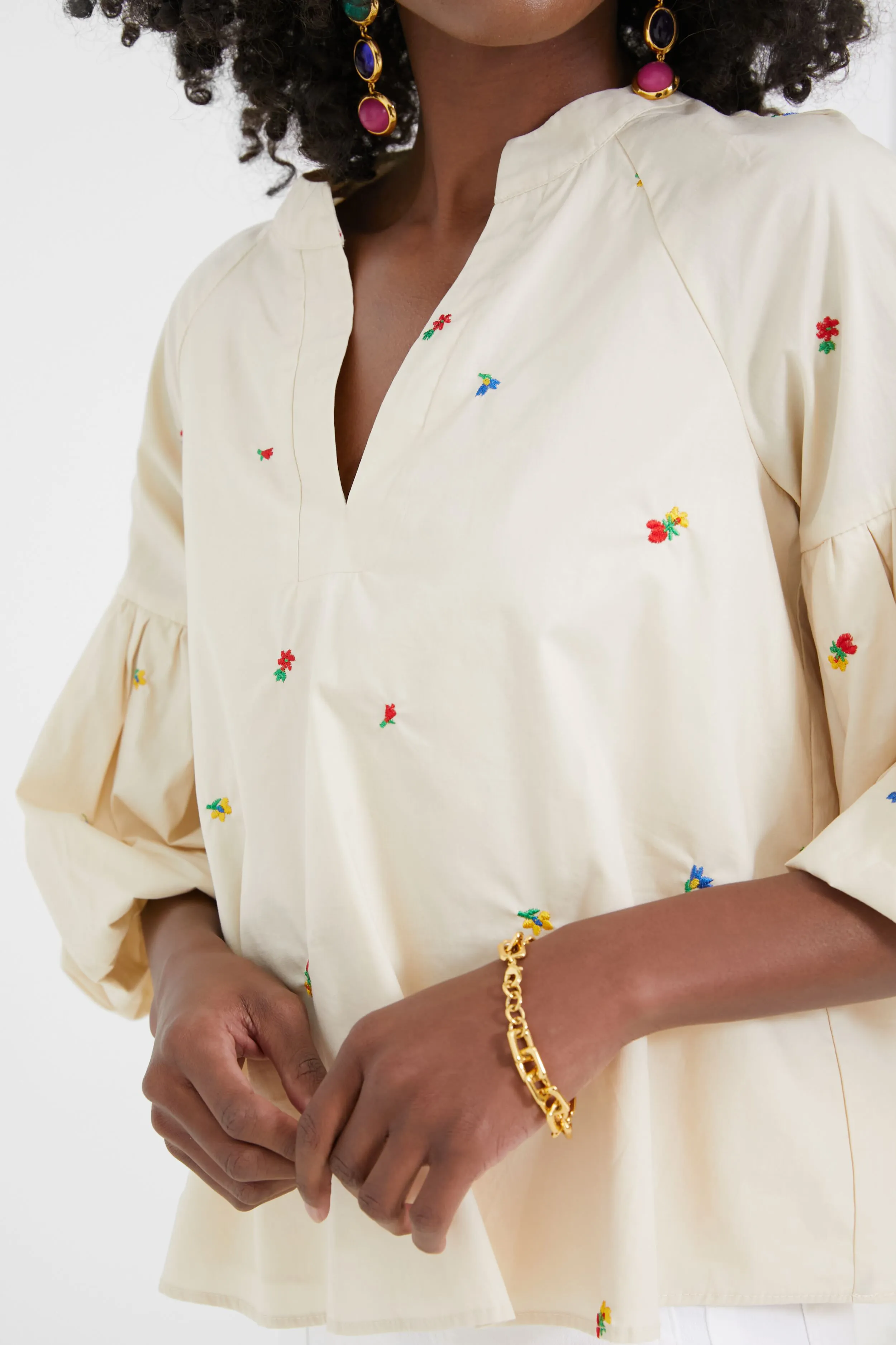 Tan Embroidered Blooms Blouse