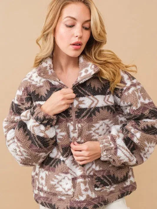 Teddy Bear Hug Aztec Mock Neck Zip Up Pullover