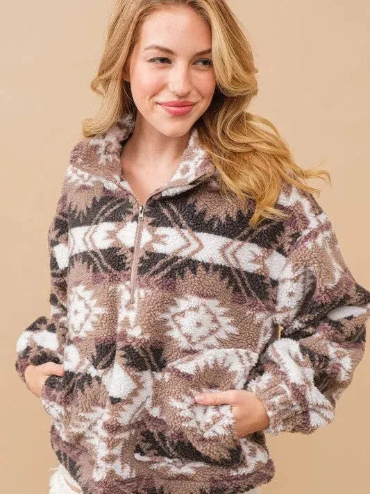 Teddy Bear Hug Aztec Mock Neck Zip Up Pullover