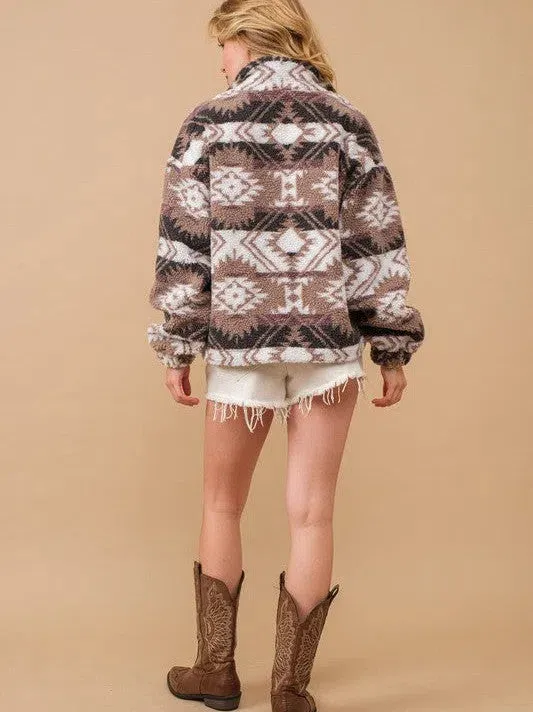 Teddy Bear Hug Aztec Mock Neck Zip Up Pullover