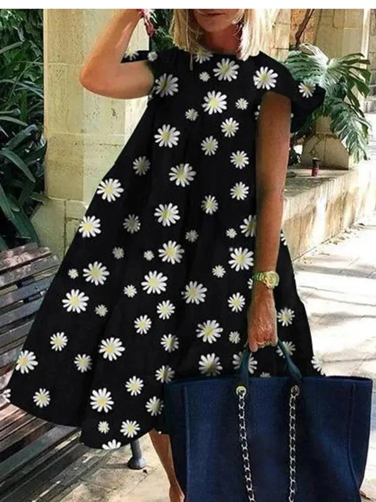 Uniwim Summer Boho Dress Women Fashion Short Sleeve Loose Print Casual Dress Elegant Holiday Beach Party Dresses For Women Robe Femme