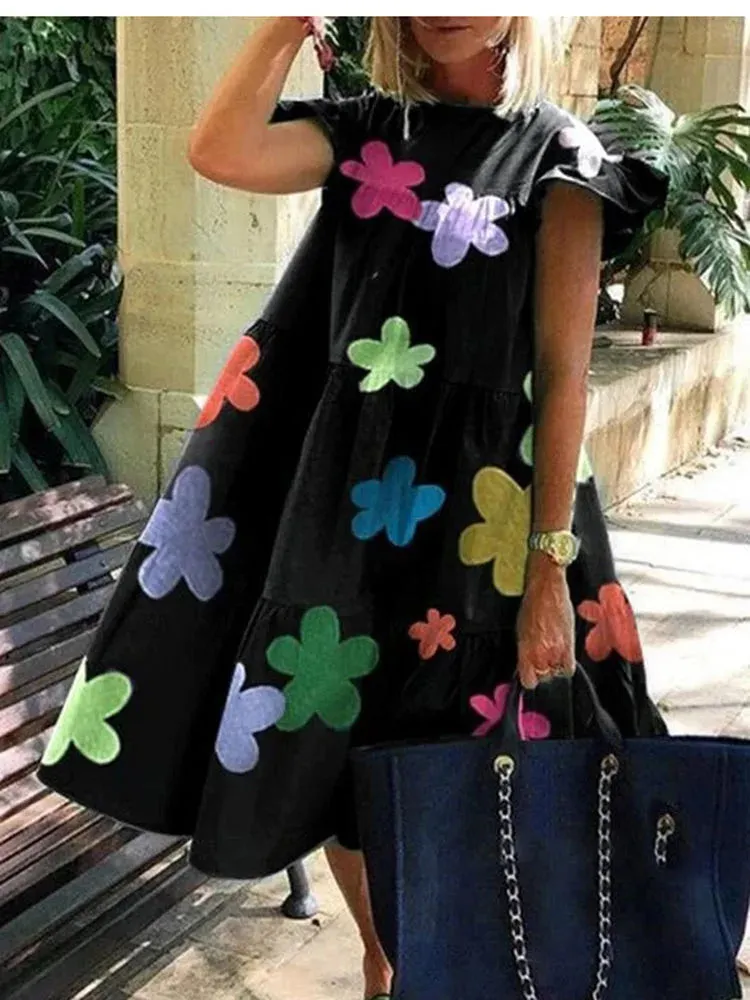 Uniwim Summer Boho Dress Women Fashion Short Sleeve Loose Print Casual Dress Elegant Holiday Beach Party Dresses For Women Robe Femme