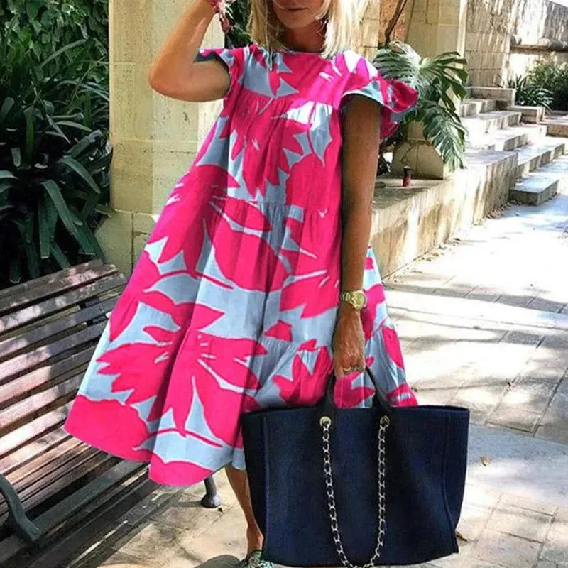 Uniwim Summer Boho Dress Women Fashion Short Sleeve Loose Print Casual Dress Elegant Holiday Beach Party Dresses For Women Robe Femme
