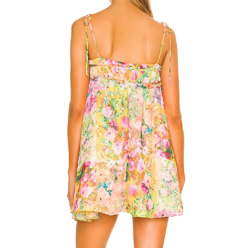 Uniwim Women Bow Lacing up Sling Robe Holiday BOHO Ruched Chest Orange Flower Print Spaghetti Strap Mini Dress