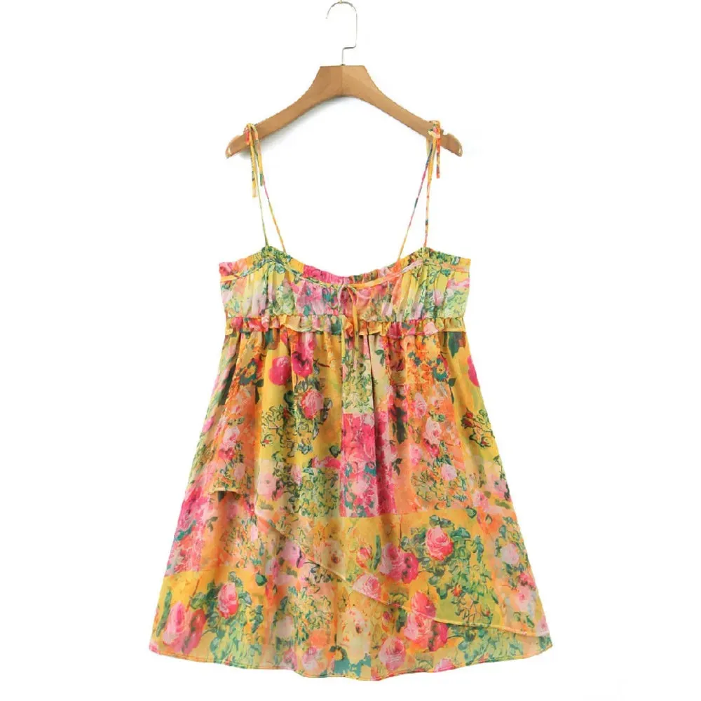Uniwim Women Bow Lacing up Sling Robe Holiday BOHO Ruched Chest Orange Flower Print Spaghetti Strap Mini Dress