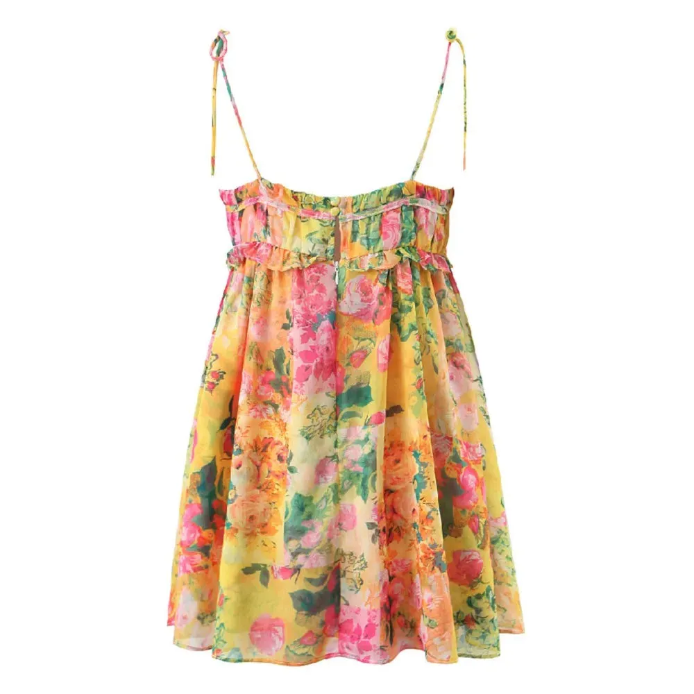 Uniwim Women Bow Lacing up Sling Robe Holiday BOHO Ruched Chest Orange Flower Print Spaghetti Strap Mini Dress