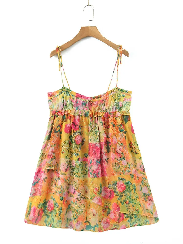 Uniwim Women Bow Lacing up Sling Robe Holiday BOHO Ruched Chest Orange Flower Print Spaghetti Strap Mini Dress