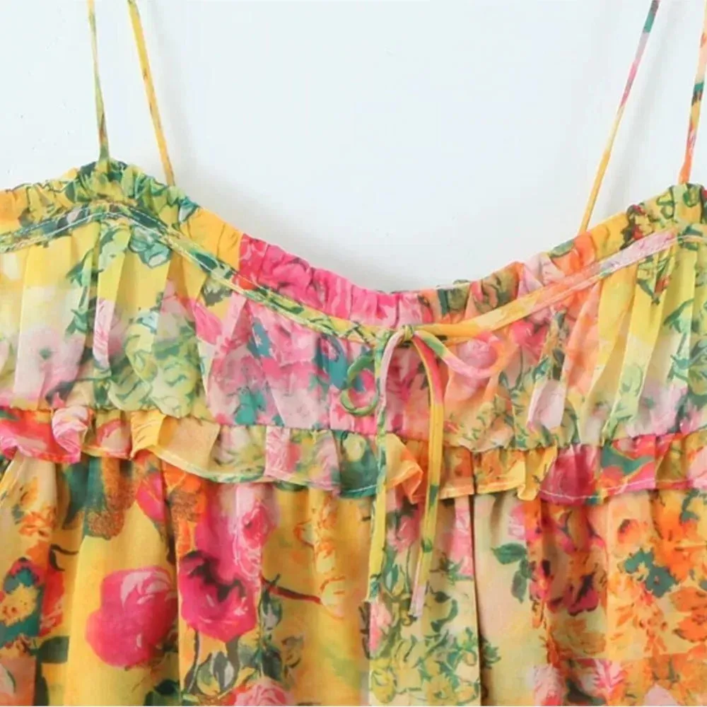 Uniwim Women Bow Lacing up Sling Robe Holiday BOHO Ruched Chest Orange Flower Print Spaghetti Strap Mini Dress