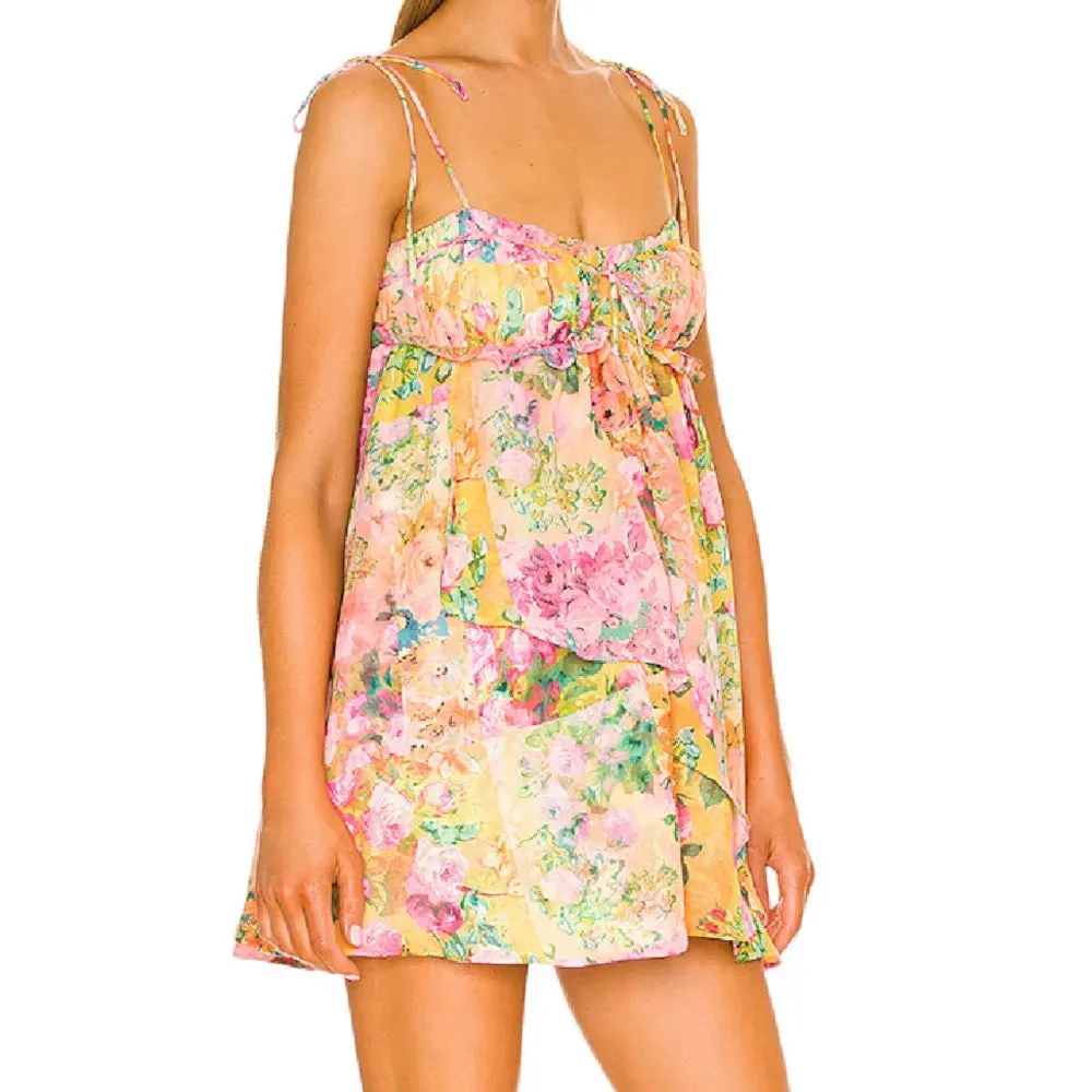 Uniwim Women Bow Lacing up Sling Robe Holiday BOHO Ruched Chest Orange Flower Print Spaghetti Strap Mini Dress