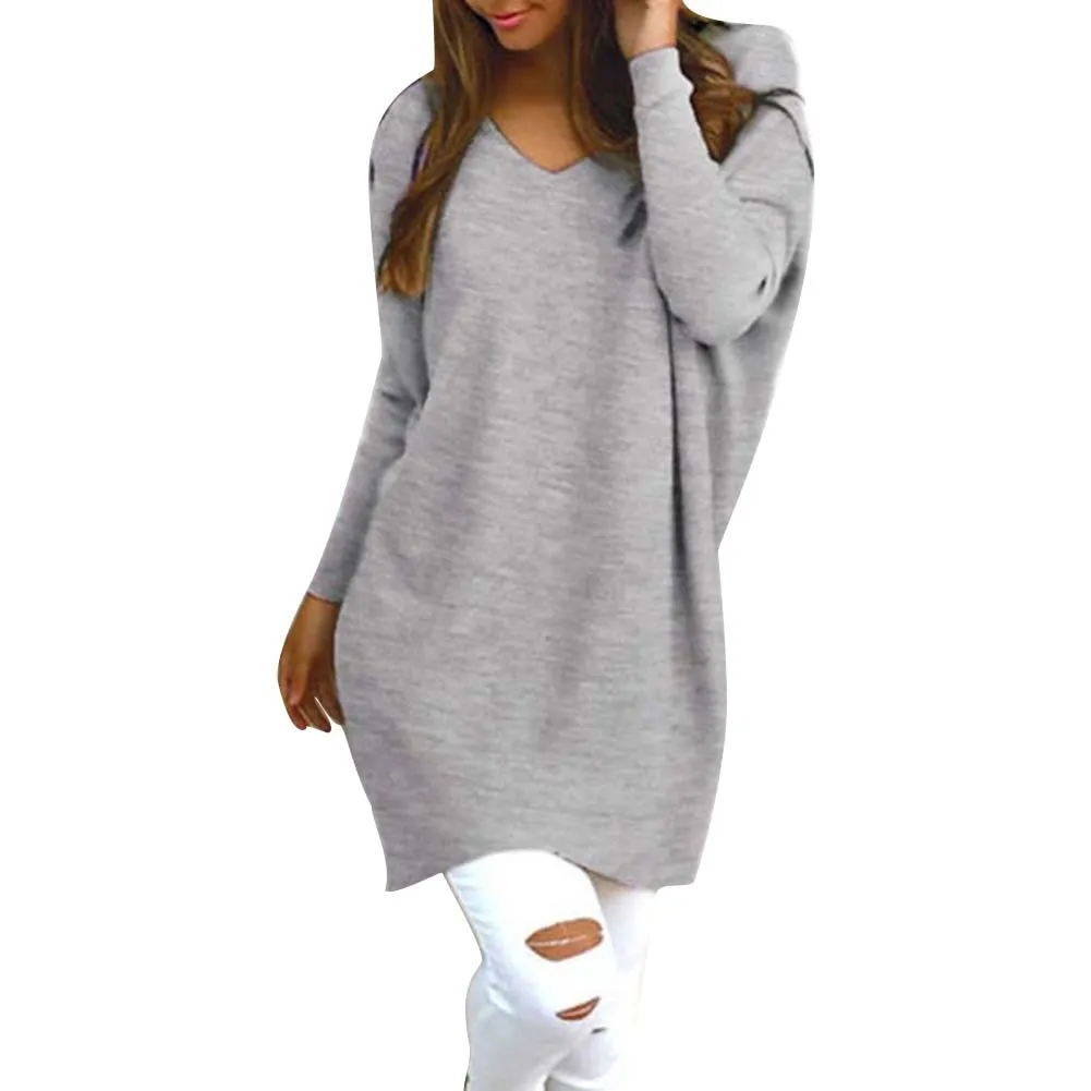 V Neck Long Sleeve Tunic Pullover Loose Knitted  Solid Color Women's Sweater