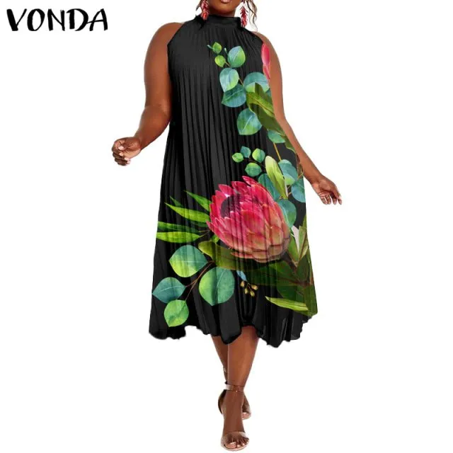 VONDA Satin and Silk Sleeveless Stand Collar Poly-Spandex Befree Dress