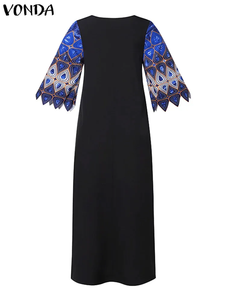VONDA Women Summer Party Maxi Dress 2024 Printed Bohemian Long Sundress Loose Robe Vintage Flare Sleeve Party Streetwear Dress