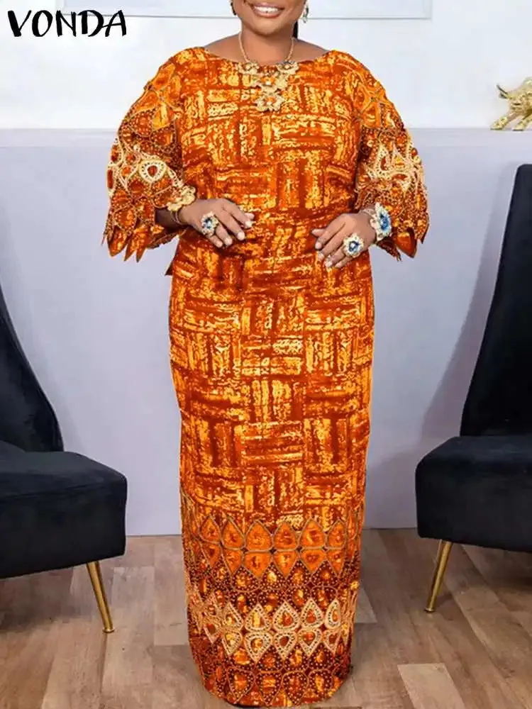 VONDA Women Summer Party Maxi Dress 2024 Printed Bohemian Long Sundress Loose Robe Vintage Flare Sleeve Party Streetwear Dress