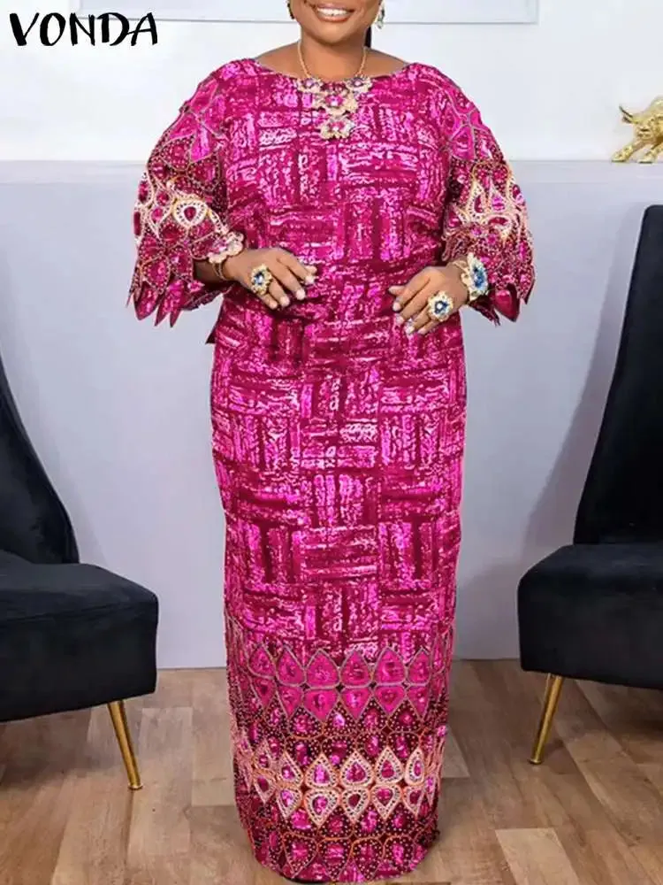VONDA Women Summer Party Maxi Dress 2024 Printed Bohemian Long Sundress Loose Robe Vintage Flare Sleeve Party Streetwear Dress