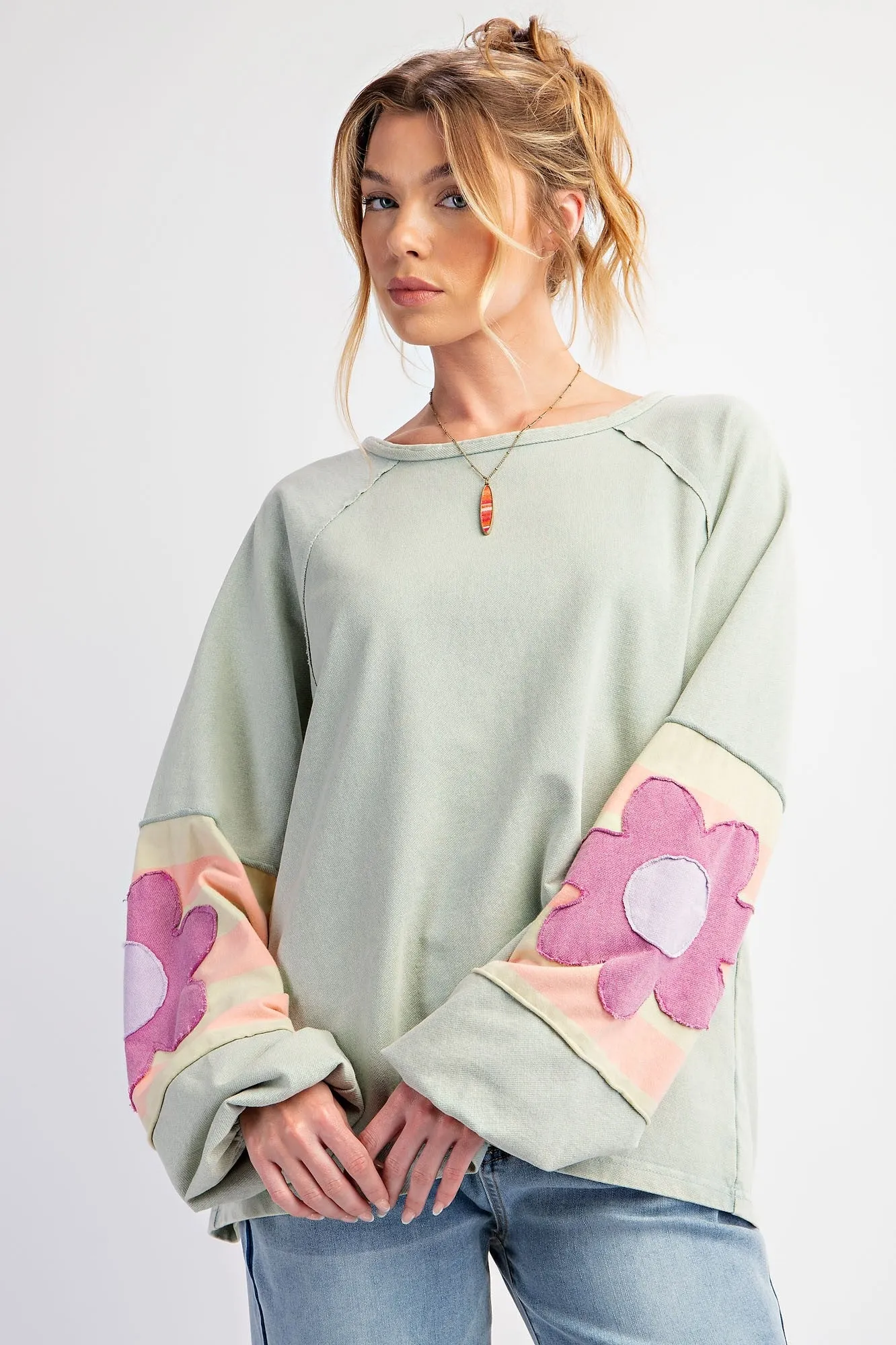 Walden Flower Patch Terry Knit Washed Long Sleeve Pullover [S-L] *1x-3x coming soon*