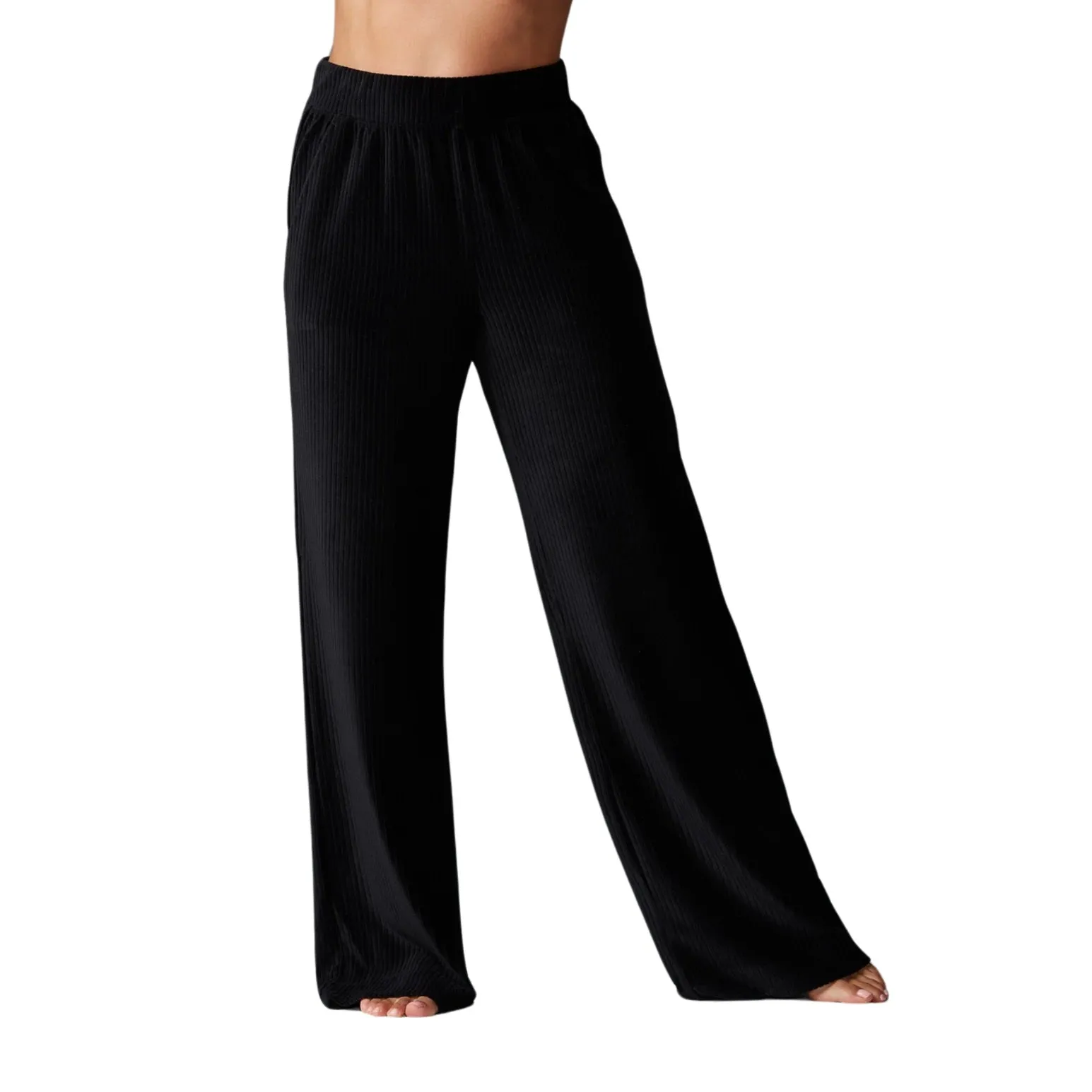 WIDE LEG BRUSHED RIB PANT - EBONY