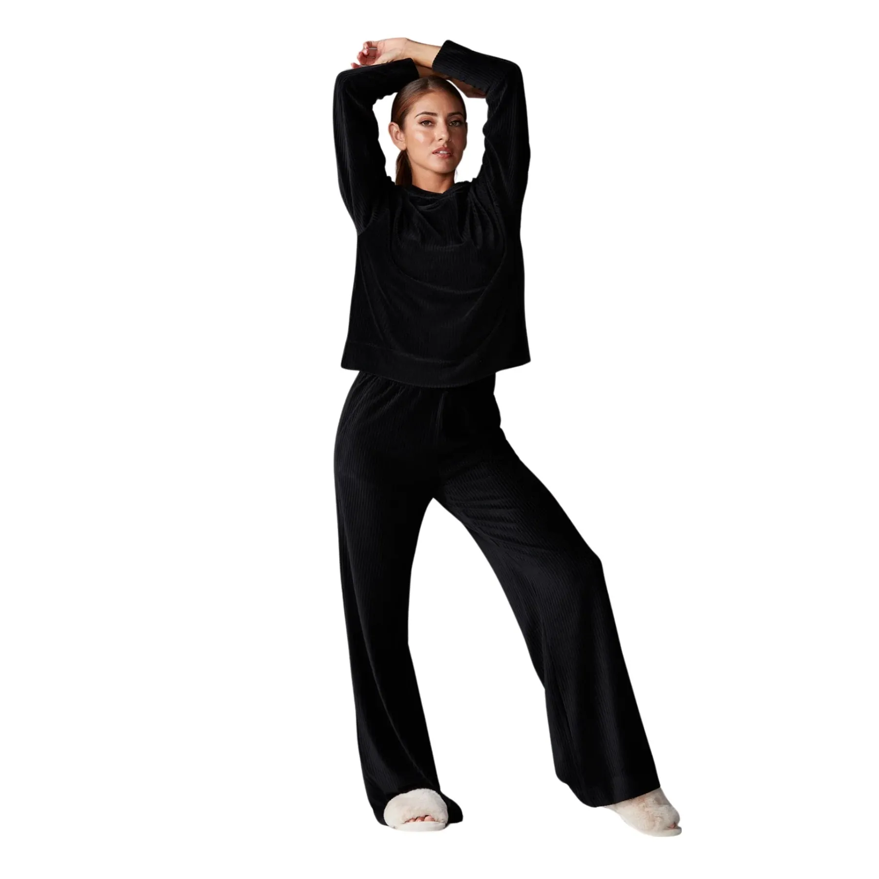 WIDE LEG BRUSHED RIB PANT - EBONY