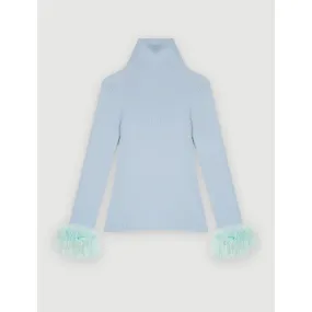 Women Turtleneck Pullover With Feathered Cuffs - Light Blue