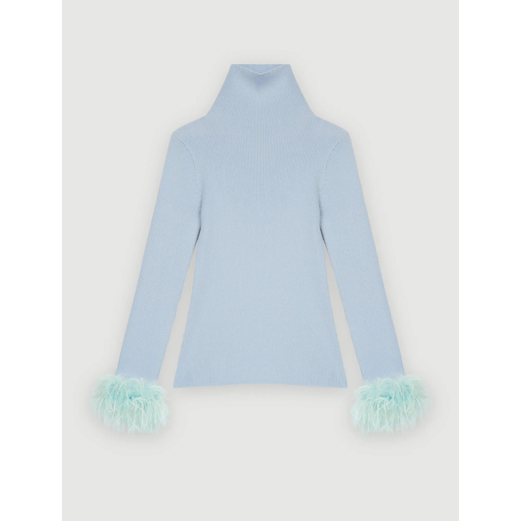 Women Turtleneck Pullover With Feathered Cuffs - Light Blue