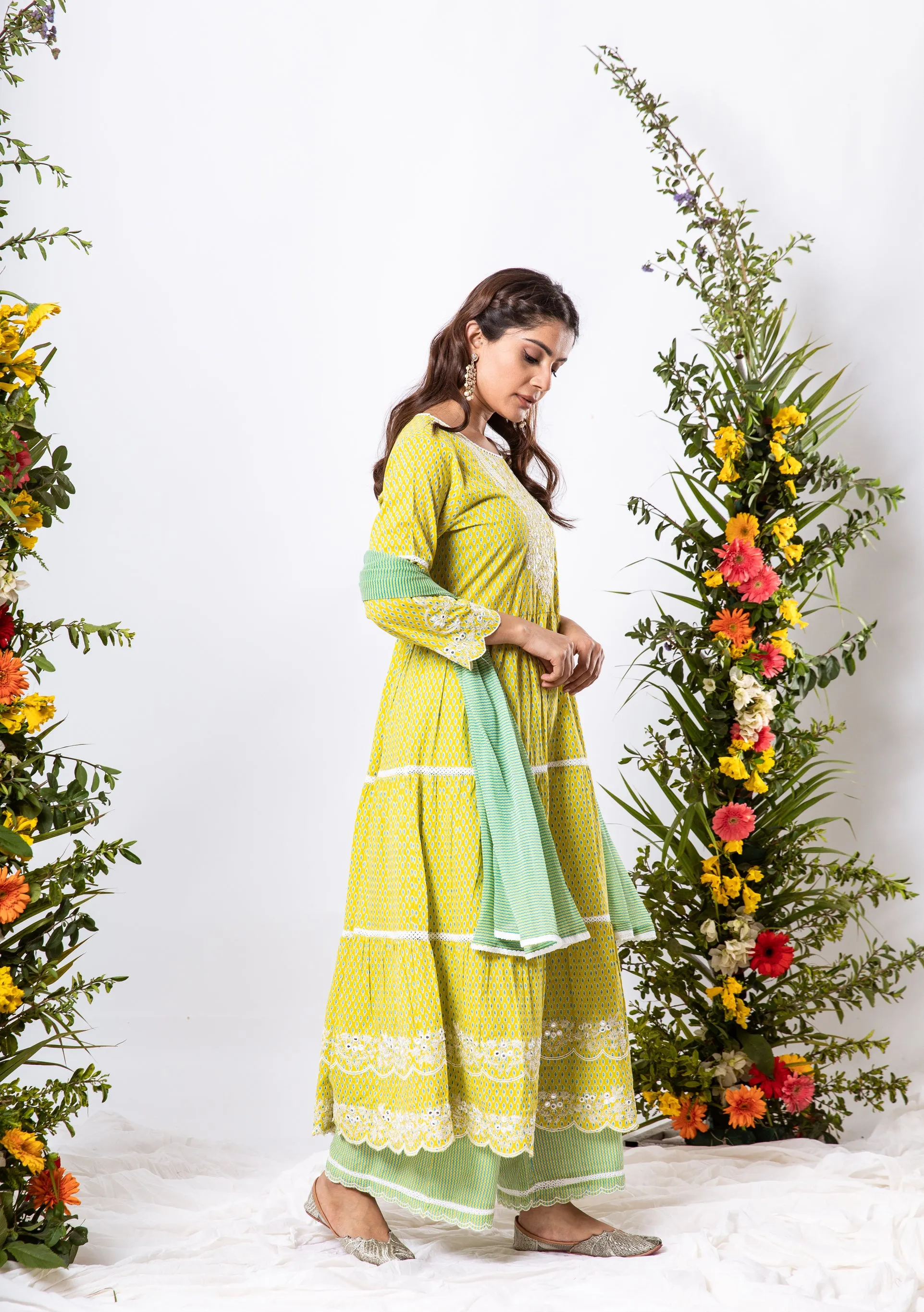 Womens Cotton Lemon Green Tiered Kurta Palazzo and Dupatta Set