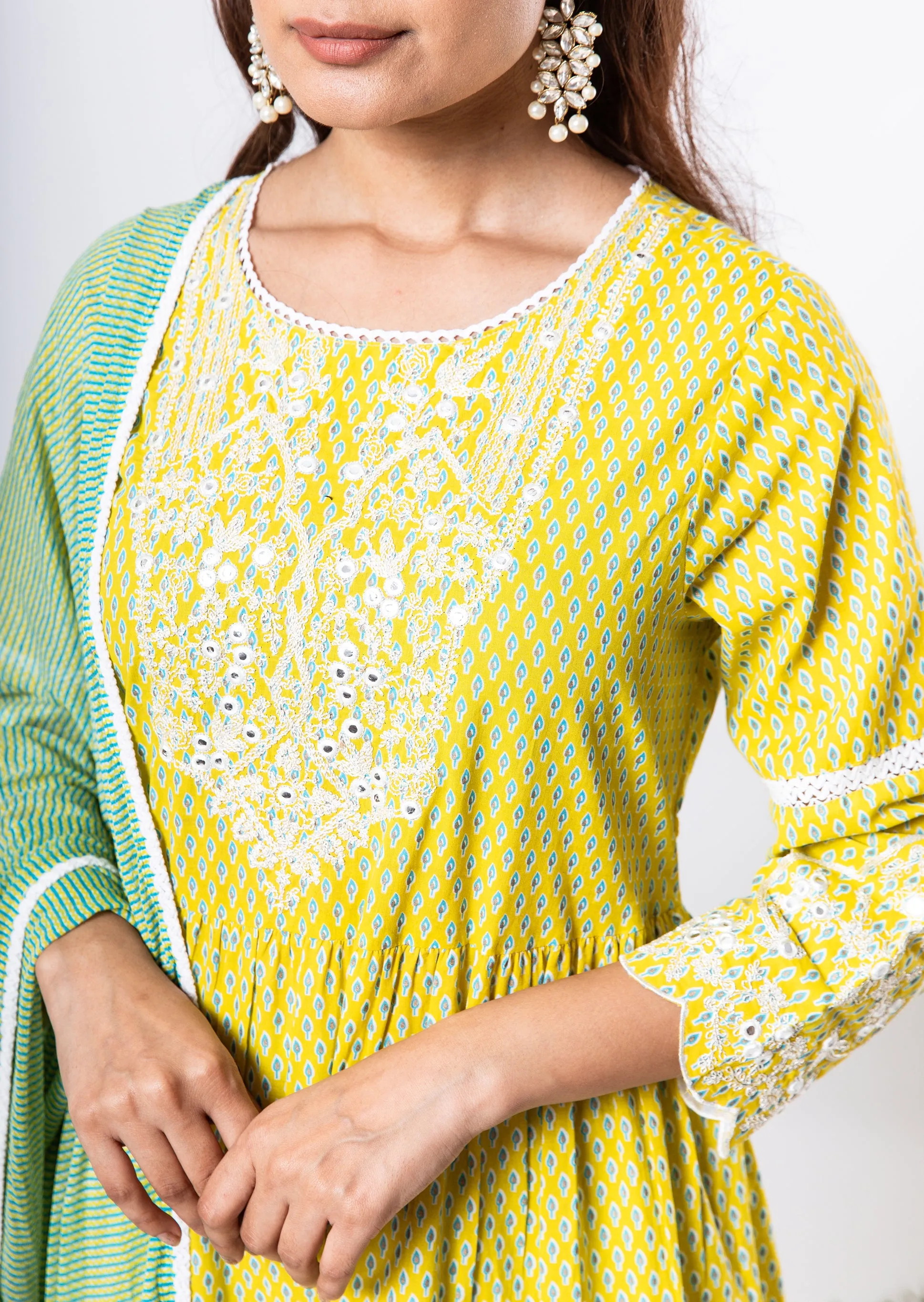 Womens Cotton Lemon Green Tiered Kurta Palazzo and Dupatta Set
