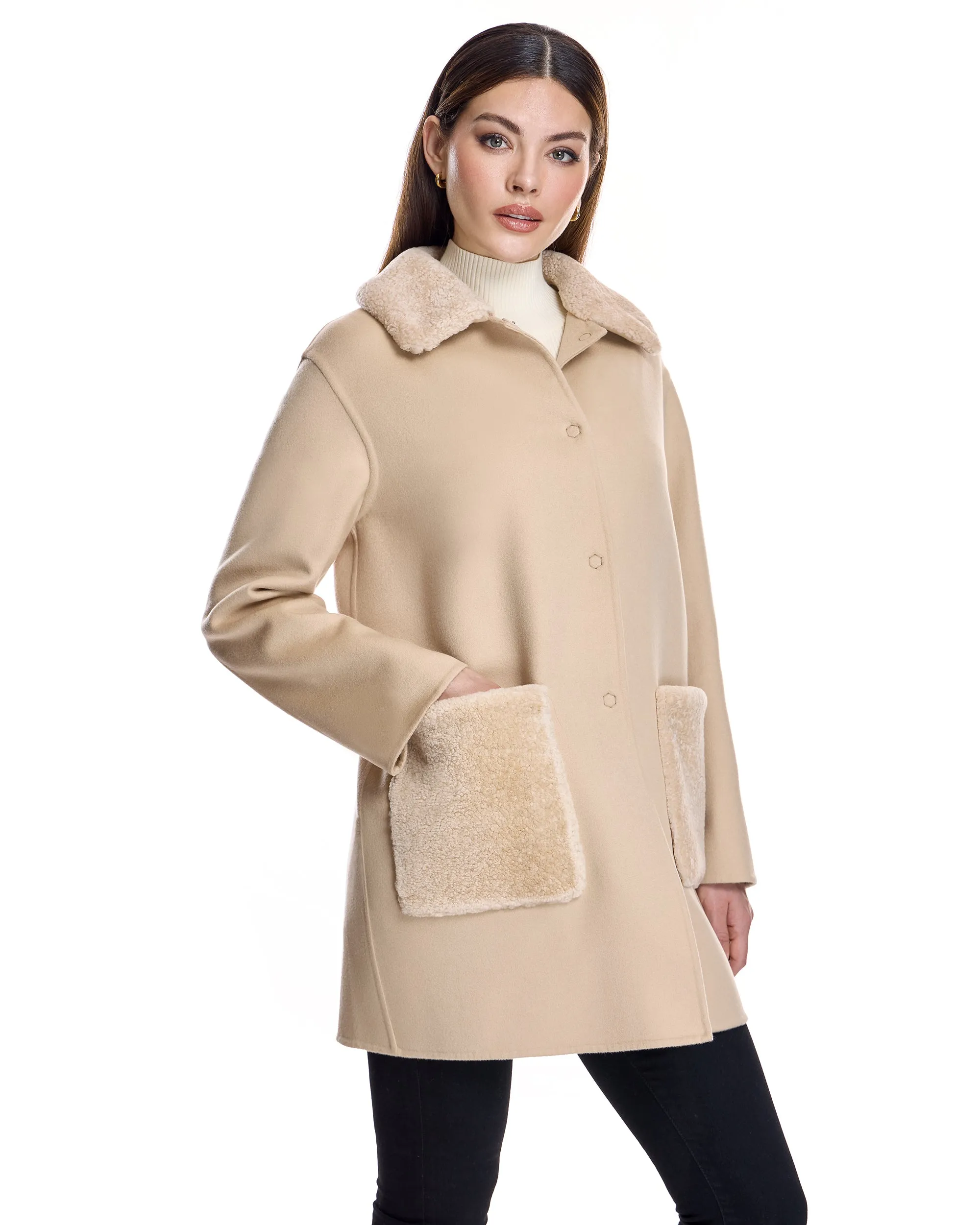 Woolblend Walking Coat with Shearling Trim