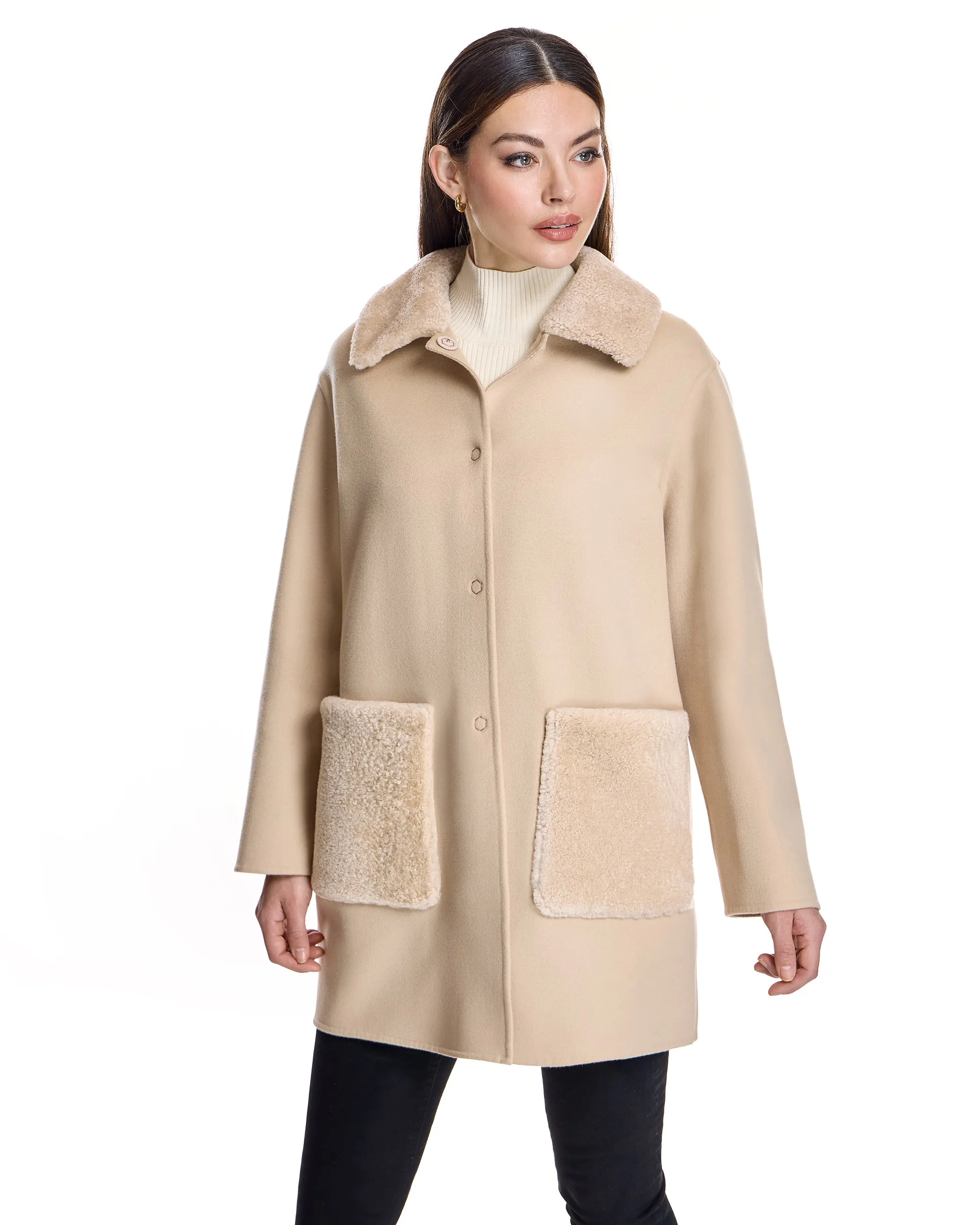 Woolblend Walking Coat with Shearling Trim