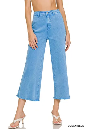 Zenana Acid washed high waist frayed hem straight pants In Ocean Blue