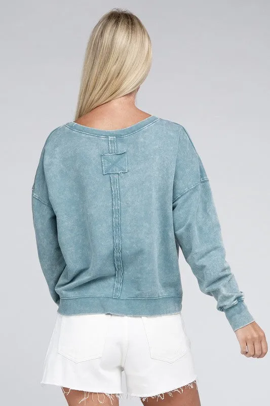 Zenana French Terry Acid Wash Boat Neck Pullover
